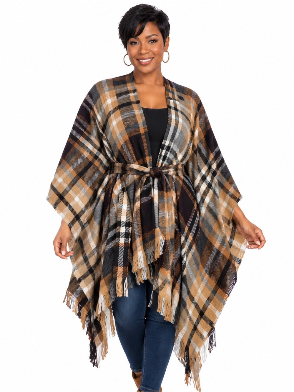 David & Young Poncho Wrap One Size Brown Black Neutral Plaid Belted Ruana Fringe